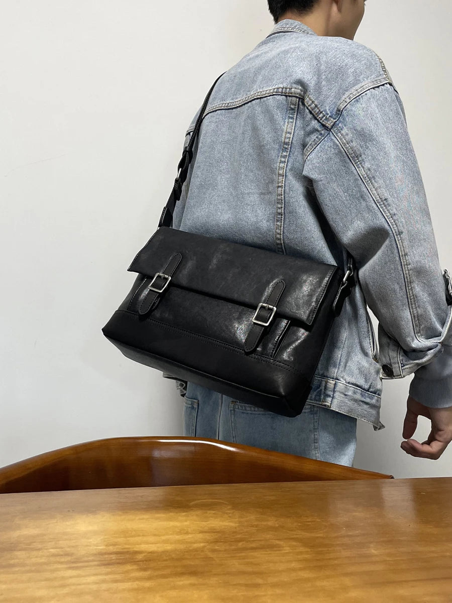 pndme Herren Leder-Messenger Bag – Echtes Cowhide Leder Satchel für Arbeit, Alltag & Business