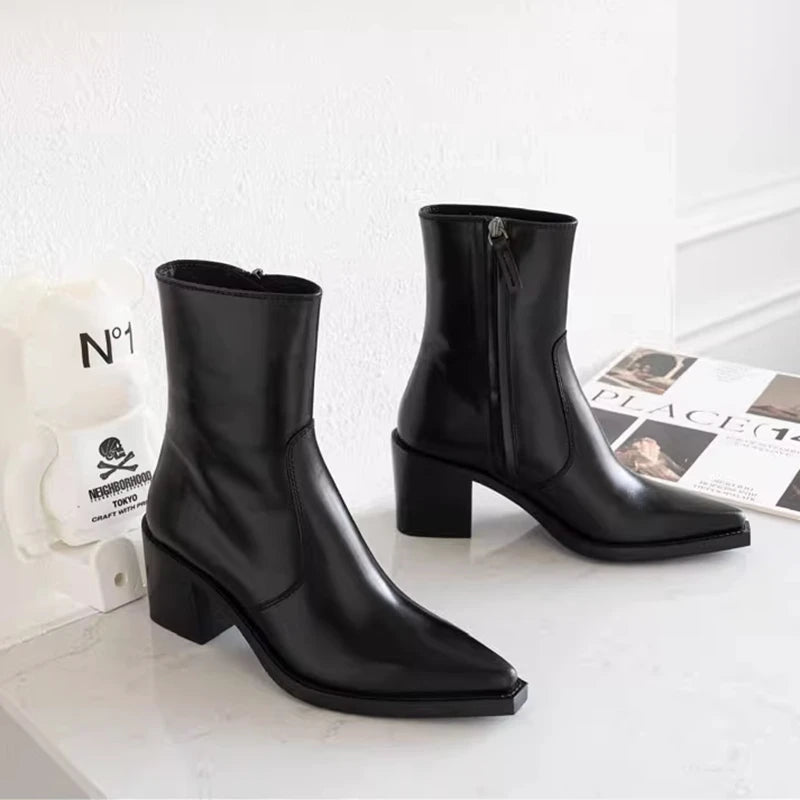Elegante Damen Stiefeletten aus echtem Leder – Spitze Ankle Boots mit 6,5 cm Blockabsatz &amp; Reißverschluss für Bureau &amp; Winter