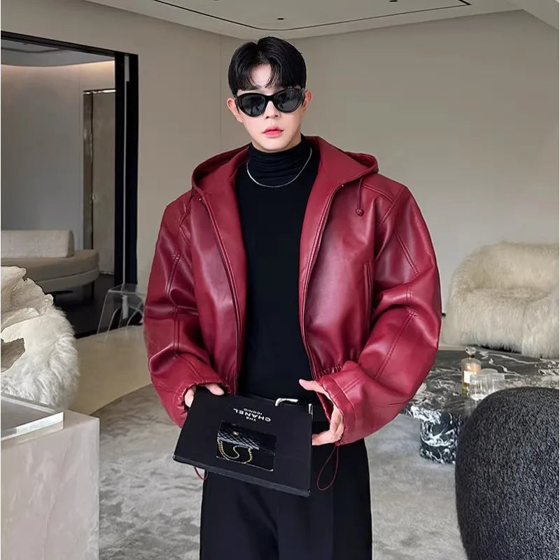 Herren PU-Lederjacke mit Kapuze – Kurze wasserdichte Oversized Jacke mit Reißverschluss, Korean Fashion Style für Frühling & Herbst