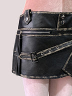 Damen PU Leder Minirock asymmetrisch – Schwarzer High-Waist Rock im Vintage Look, Distressed Emo Style für Sommer & Night-Out