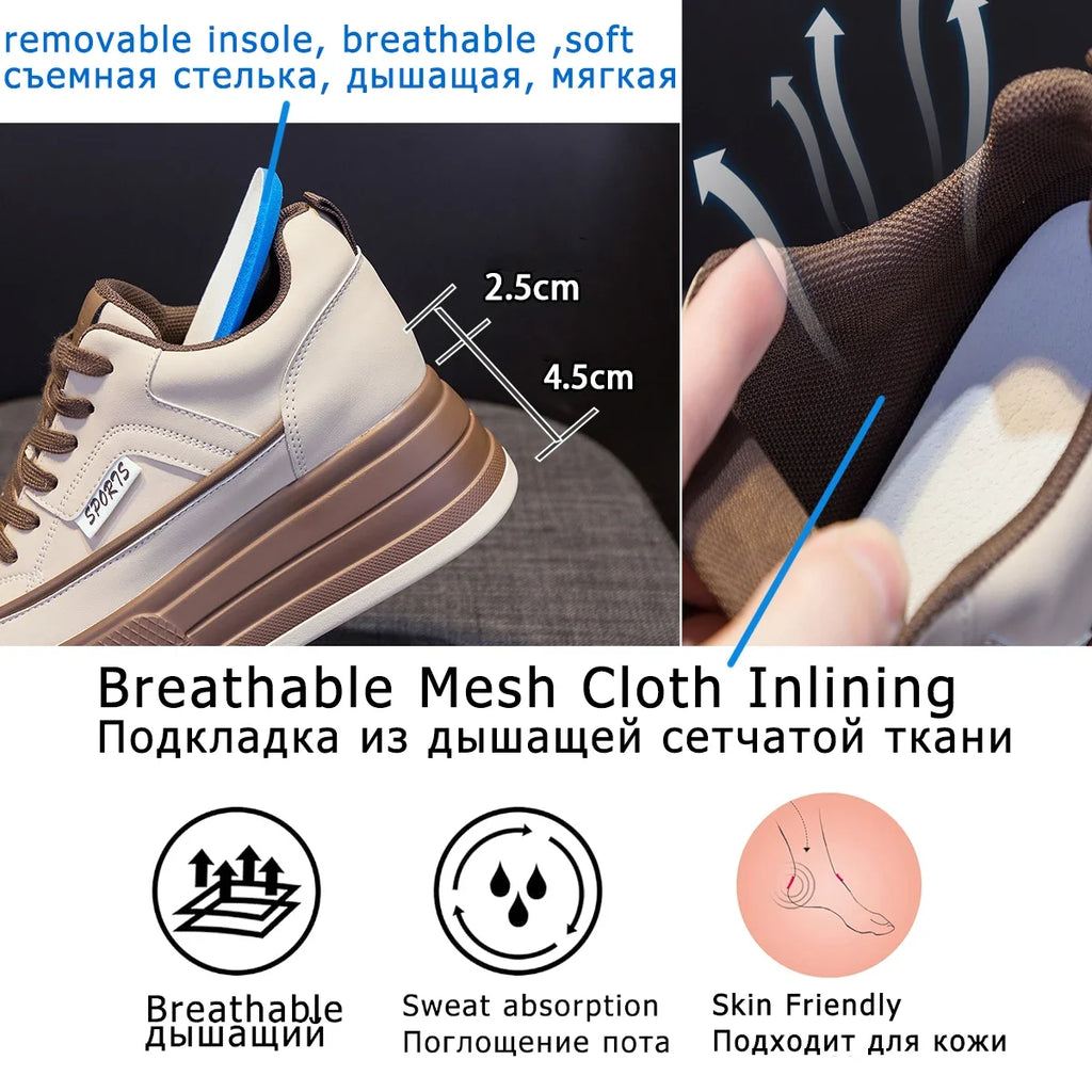 Damen Leder Plateau Sneaker 7 cm – Keilabsatz Schuhe aus echtem Leder für Herbst & Winter, modische Wedge Sneakers