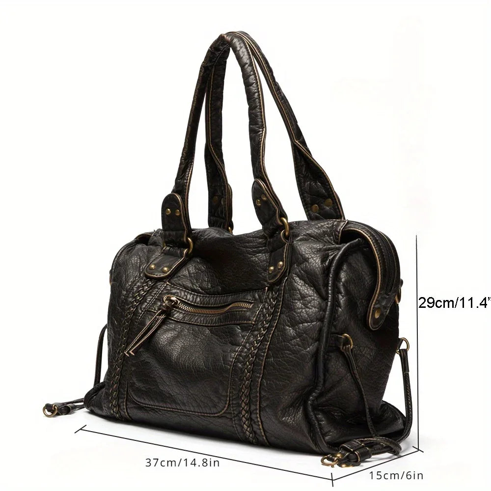 Bolso retro de cuero PU para estudiantes y mensajeros – Bolso grande Y2K para motocicletas y etiquetas