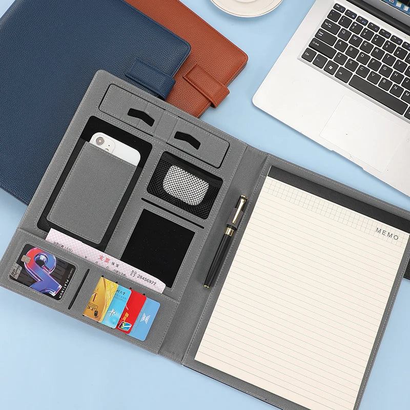 A4 Multifunktionale Business Meeting Mappe – PU-Leder Organizer für Smartphone, Karten & Notizen | Professionelle Konferenz- & Dokumentenmappe