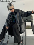 Damen Schwarze Punk Lederjacke – Biker Streetwear Zipper Jacke, Vintage High Street Lederjacke für Herbst & Winter 2023