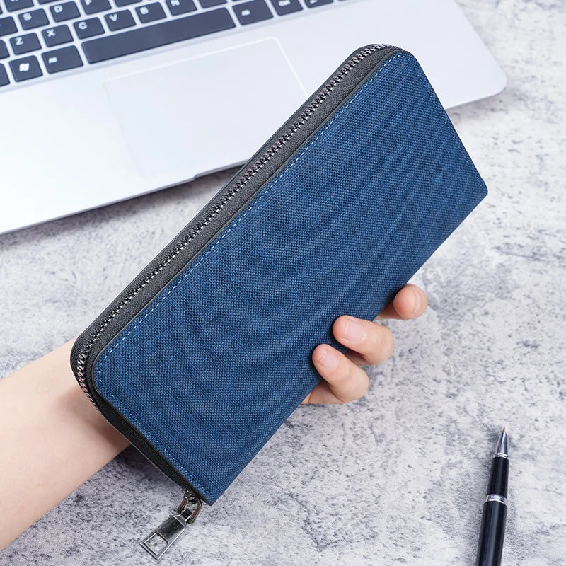 Herren Langbörse mit Reißverschluss – Große Business Clutch Wallet aus Canvas mit Multi-Kartenfächern