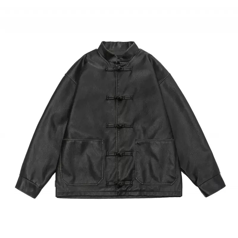 Mauroicardi Herren Oversized PU Lederjacke – Vintage Distressed Designerjacke mit Stehkragen im chinesischen Stil für Frühling & Herbst