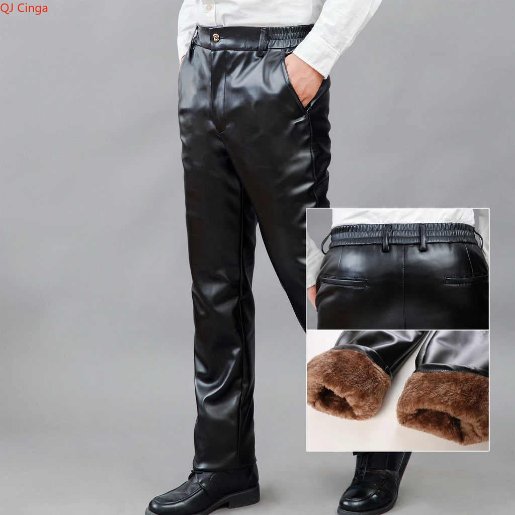 Herren Winter PU Lederhose mit Fleece – Winddichte, thermische Lederoptik-Hose mit Kordelzug, Schwarz, Größen S–5XL