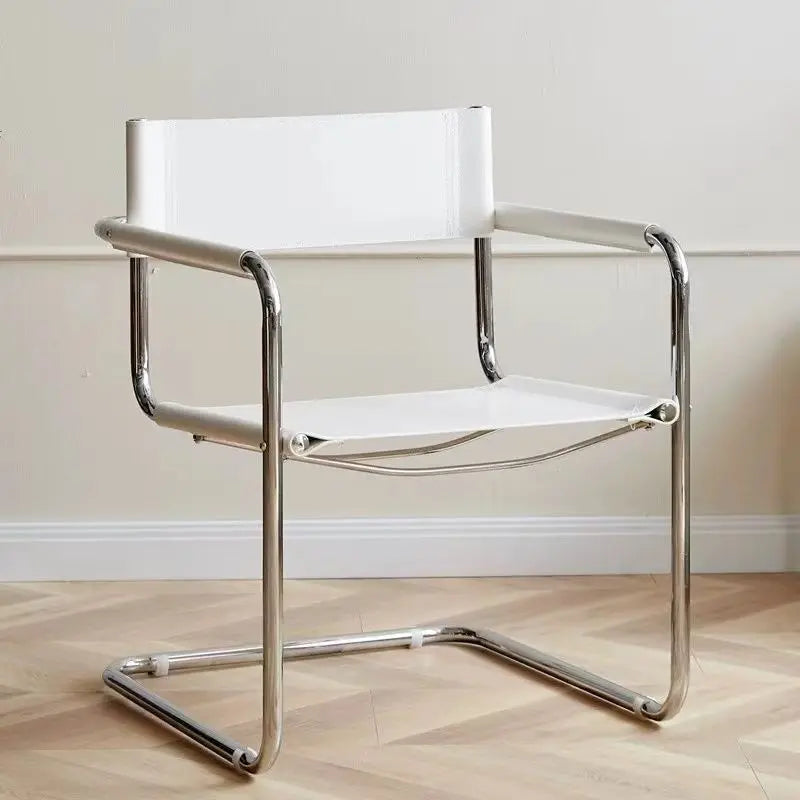 Vintage Bauhaus Armlehnstuhl aus Edelstahl & Sattelleder – Eleganter Dining Chair für stilvolle Herren & moderne Wohnräume