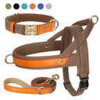 No-Pull Hunde-Geschirr Set aus Nylon & PU-Leder – Gepolstertes Harness mit Halsband & Leine für kleine, mittlere & große Hunde