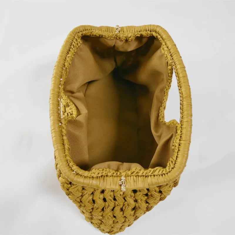 Elegante Damen Straw Handtasche – Geflochtene Schultertasche mit Kettenriemen, Sac de plage à bandoulière moderne pour l'été 