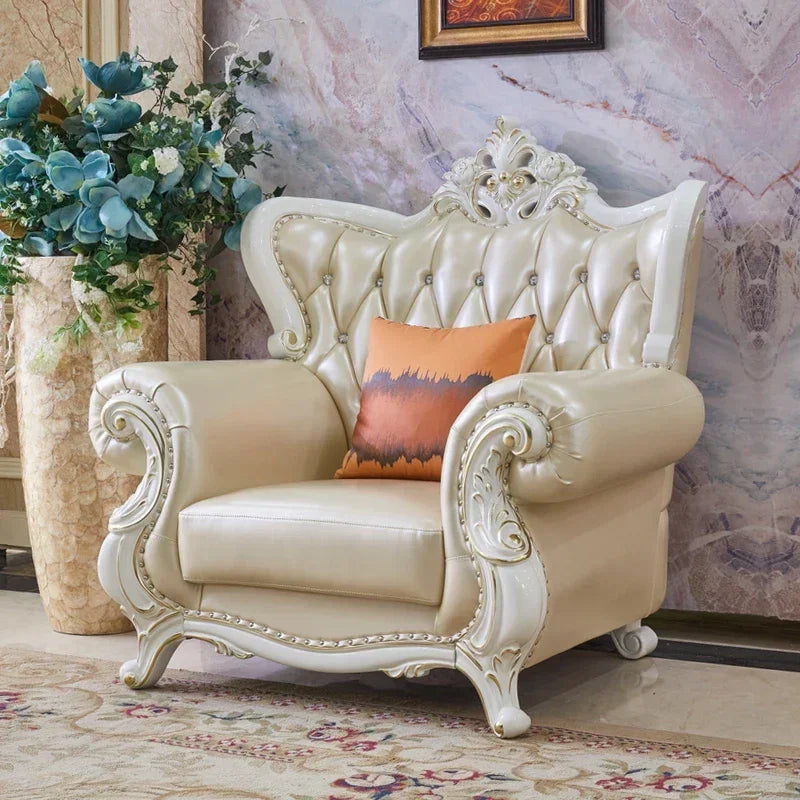 Europäisches Leder-Ecksofa aus Massivholz – Modulares L- oder U-Form Sofa im Retro-Modern-Stil für Wohnzimmer, Apartment & Villa