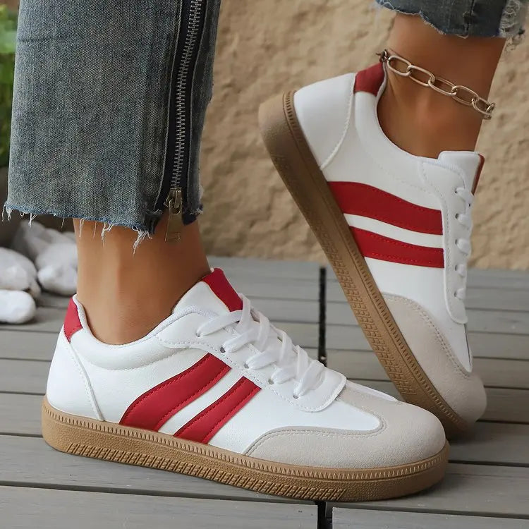 Damen Patchwork Sneaker aus PU-Leder – Modische Low-Top Schnürschuhe mit Streifen, flache Vulcanize Sportschuhe für Alltag & Freizeit