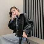 Damen Oversize PU Kunstleder Jacke Herbst & Winter – Kurze Faux Leather Streetwear Jacke, locker geschnittener Casual Mantel mit Reißverschluss