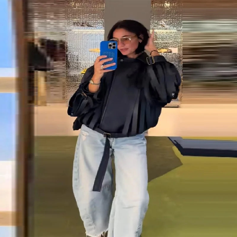 Damen Oversize Kunstleder Jacke 2025 – Chic High-Street Lederoptik mit Reverskragen, Gürtel & Reißverschluss, Retro Streetwear Mantel