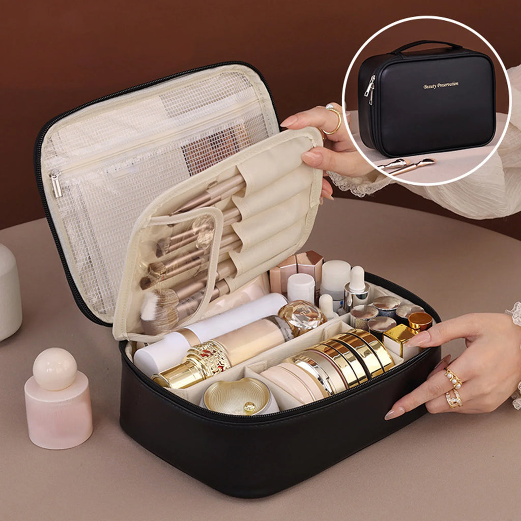Große Reise Kosmetiktasche aus PU-Leder – Mehrlagiger, abnehmbarer Make-up & Toiletry Organizer, wasserdicht & elegant