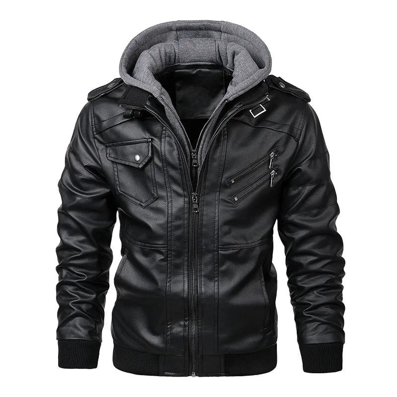 Herren Lederjacke im Biker-Stil aus PU-Leder – Herbst & Winter Motorradjacke mit Stehkragen, Kapuze & Reißverschluss (EU-Größe)