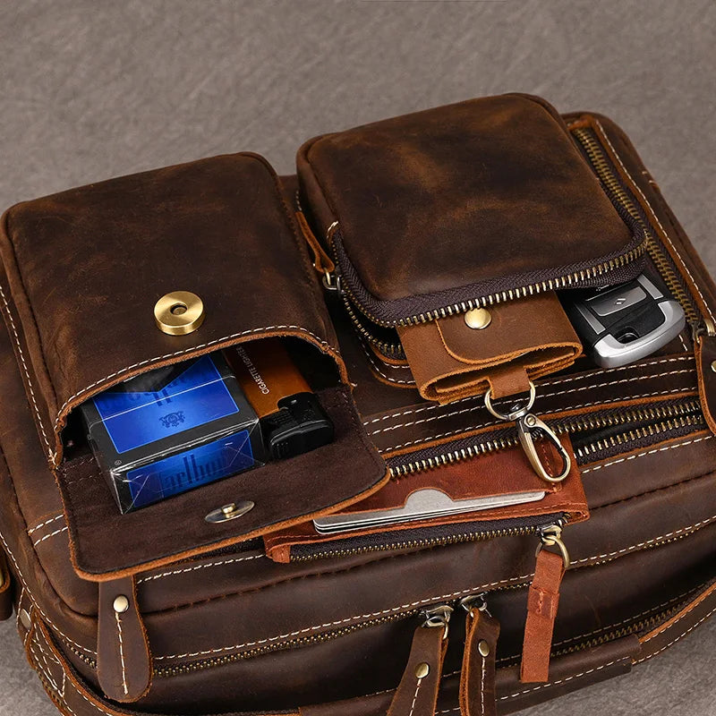 Luufan Herren Leder Aktentasche – Bolso bandolera vintage de piel Crazy Horse para iPad y oficina 