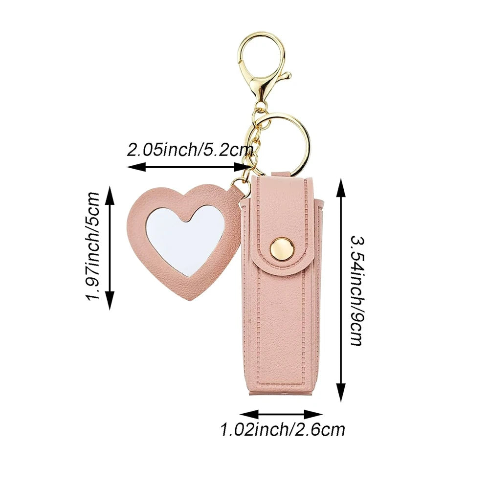 Tragbarer Lippenstifthalter aus PU-Leder mit herzförmigem Spiegel – Eleganter Schlüsselanhänger &amp; Handtaschen-Accessoire für Damen &amp; Mädchen 
