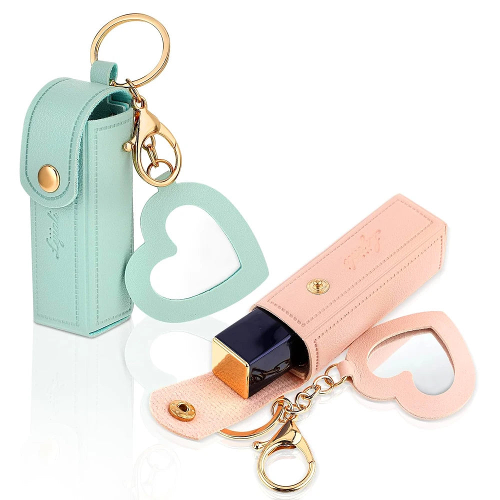 Tragbarer Lippenstifthalter aus PU-Leder mit herzförmigem Spiegel – Eleganter Schlüsselanhänger &amp; Handtaschen-Accessoire für Damen &amp; Mädchen 