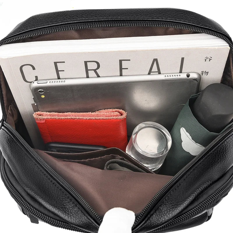 KMFFLY Luxus Damen Leder-Rucksack – Schwarzer Vintage Daypack mit Schloss, geräumig & wasserabweisend