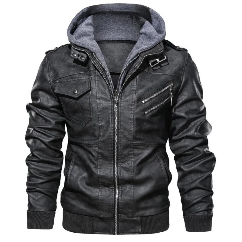 Herren Fake-Two PU Lederjacke mit Doppelreißverschluss – Warme Bikerjacke mit abnehmbarer Kapuze für Herbst & Winter