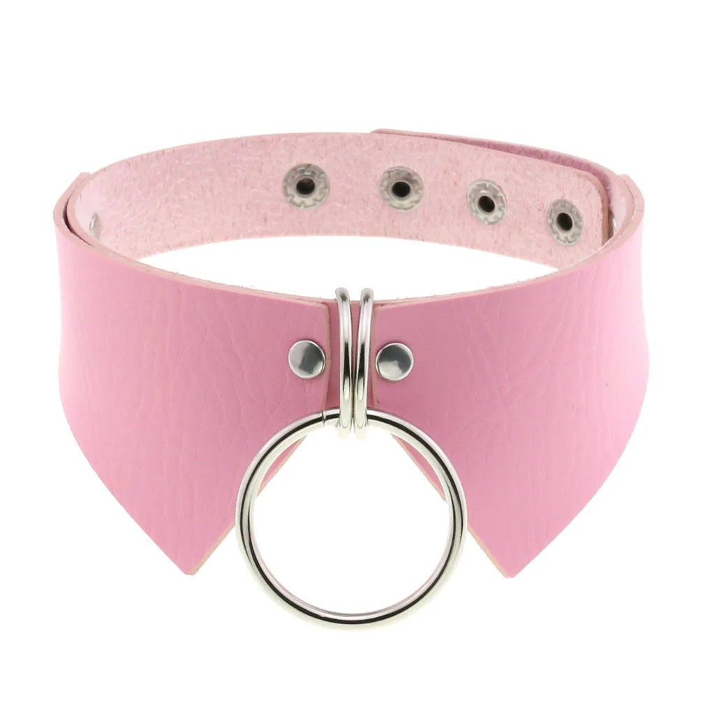 Punk Choker Halskette aus Leder & Spitze – Pinke Gothic Halskette mit Herz- & Kreis-Anhänger im Harajuku Style