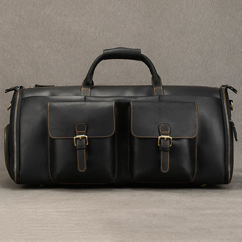 QINGWU Große Leder Reisetasche für Herren – Luxus Duffle &amp; Suit Bag aus echtem Rindsleder mit hartem Korpus 