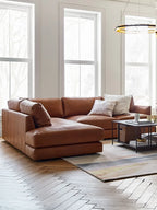 Amerikanisches Retro Ecksofa aus Echtleder – Antikbraunes L-Form Ledersofa aus Rindsleder mit Longchair, luxueux Wohnzimmer-Sofa