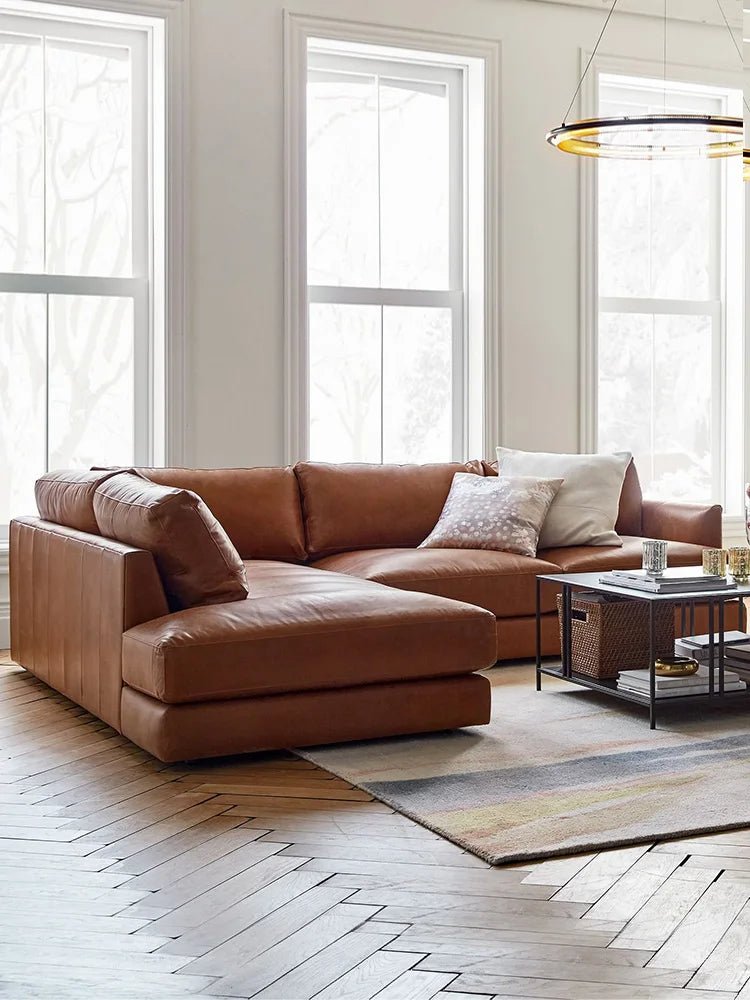 Amerikanisches Retro Ecksofa aus Echtleder – Antikbraunes L-Form Ledersofa aus Rindsleder mit Longchair, luxuriöses Wohnzimmer-Sofa