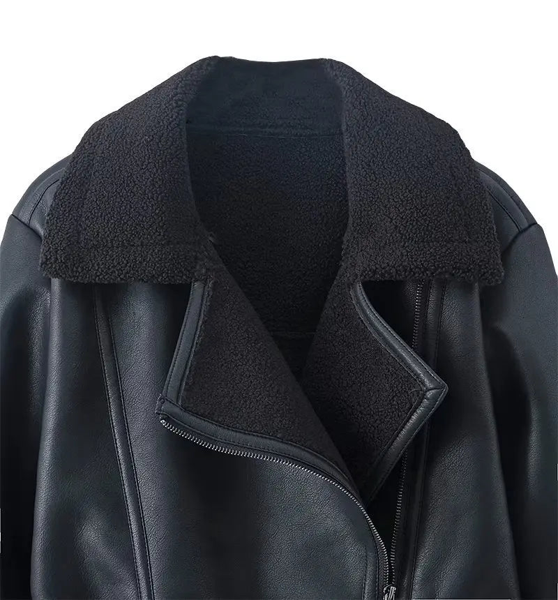 Damen Kunstleder Jacke Herbst &amp; Winter – Schwarze Zip-Jacke mit Umlegekragen, lockerer Schnitt, Warme Streetwear Lederjacke