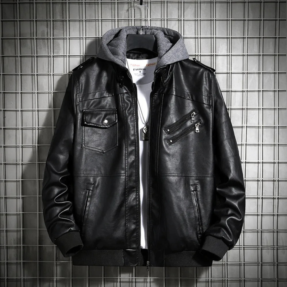 Herren PU Lederjacke mit Kapuze – Motorradjacke im Harajuku Style, abnehmbare Kapuze & Reißverschluss für Herbst & Winter
