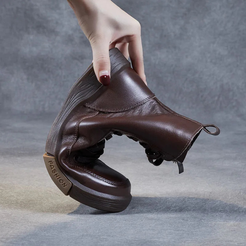 Damen Ankle Boots aus echtem Leder – Handgefertigte Winter-Stiefeletten mit Rundkappe, Schnürung & Reißverschluss im Retro-Streetstyle