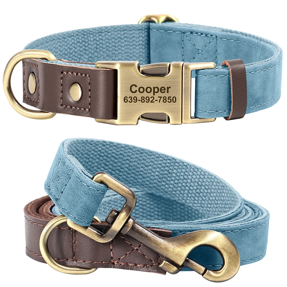 Hundehalsband- und Leinen-Set aus PU-Leder, 9 Farben, personalisiertes Namensschild, Haustierhalsband, Leine für kleine, mittlere und große Hunde