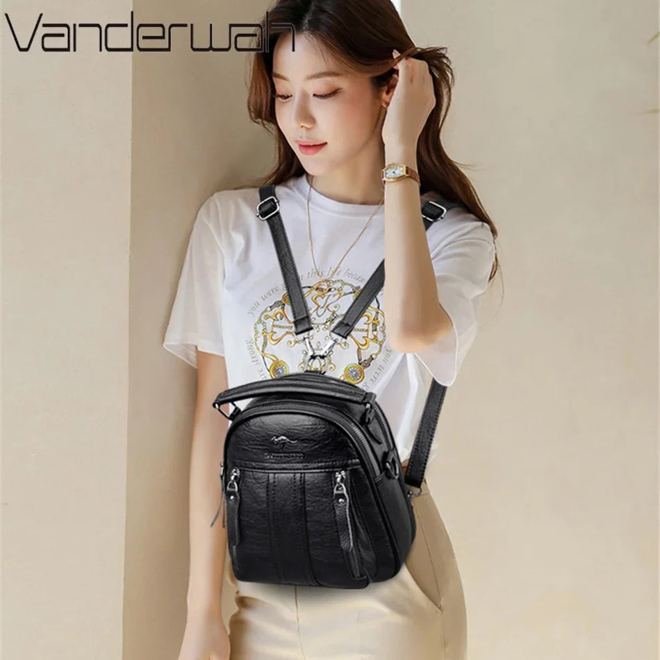 VANDERWAH 4-in-1 Damen Leder-Rucksack – Multifunktionale Schultertasche, kleiner Fashion Rucksack & Messenger Bag