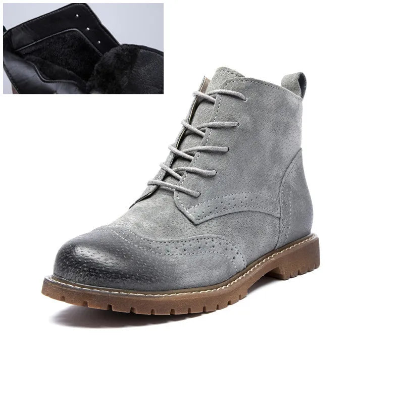 Damen Stiefeletten aus echtem Leder &amp; Wildleder – Britische Retro Ankle Boots mit Schnürung, Fellfutter &amp; niedrigem Blockabsatz (Herbst/Invierno 2025) 