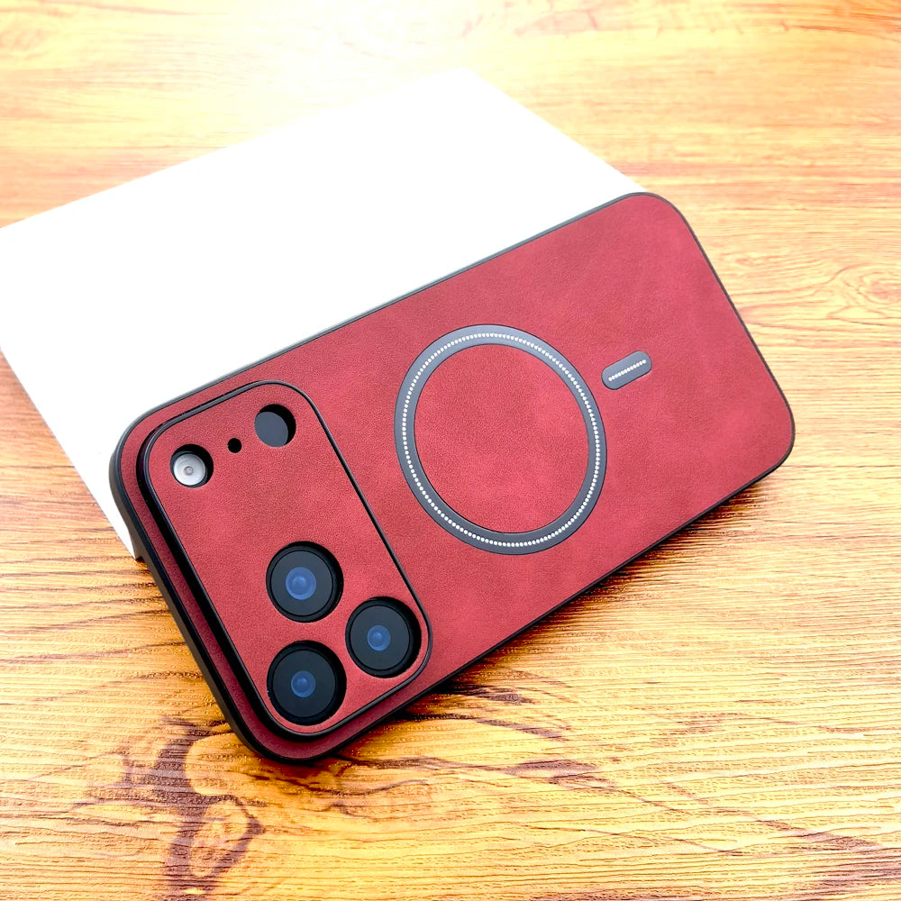 Lujosa funda retro de piel sintética con MagSafe para iPhone 11-17 Air y Pro Max, funda completa con carga inalámbrica