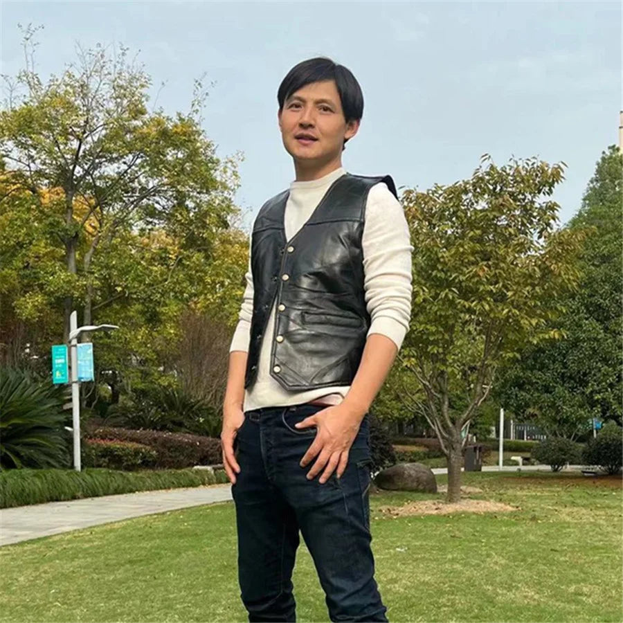 Herren Punk Motorrad Lederweste – Ärmellose Biker Weste mit V-Ausschnitt, Knopfleiste & Streetwear Look für Herbst & Winter