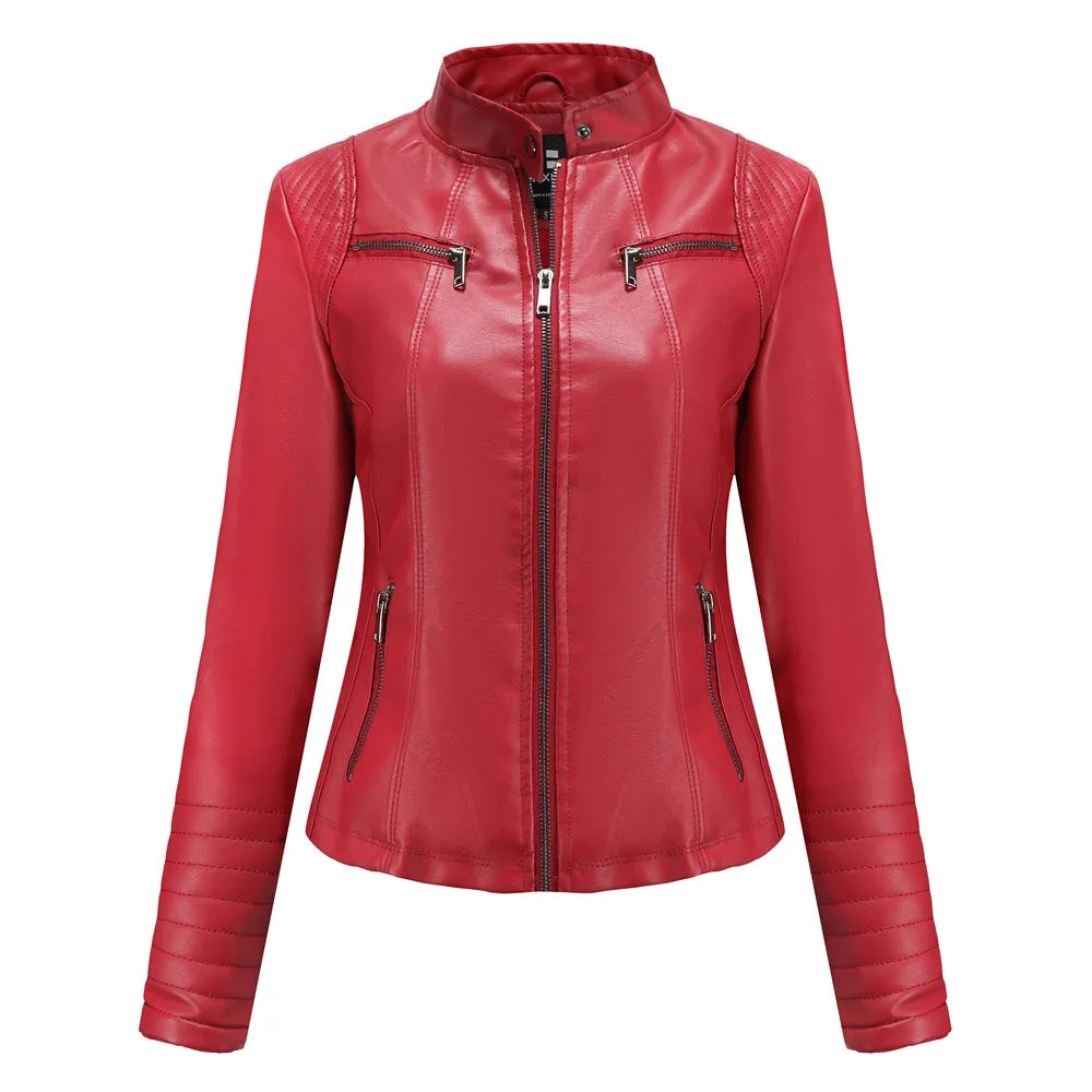 Damen Slim Lederjacke – Kurze Bikerjacke mit Stehkragen & Reißverschluss, Monochromer Look, Modische All-Season Jacke
