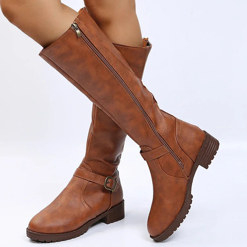 Vintage Damen Kniehohe Stiefel in Braun – Warme PU-Leder Langstiefel mit Reißverschluss, Plateau & Blockabsatz (Große Größen)
