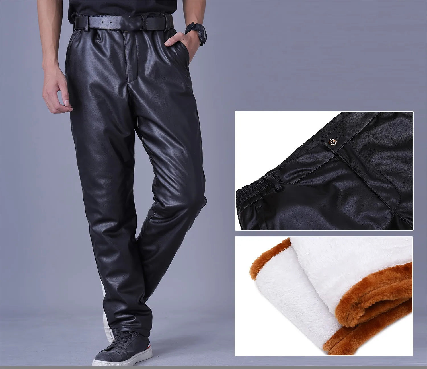 Pantalons surdimensionnés en cuir PU pour hommes avec hohem Bund – Pantalons d'hiver chauds et coupe-vent en tissu épais (Gr. 29–42) 
