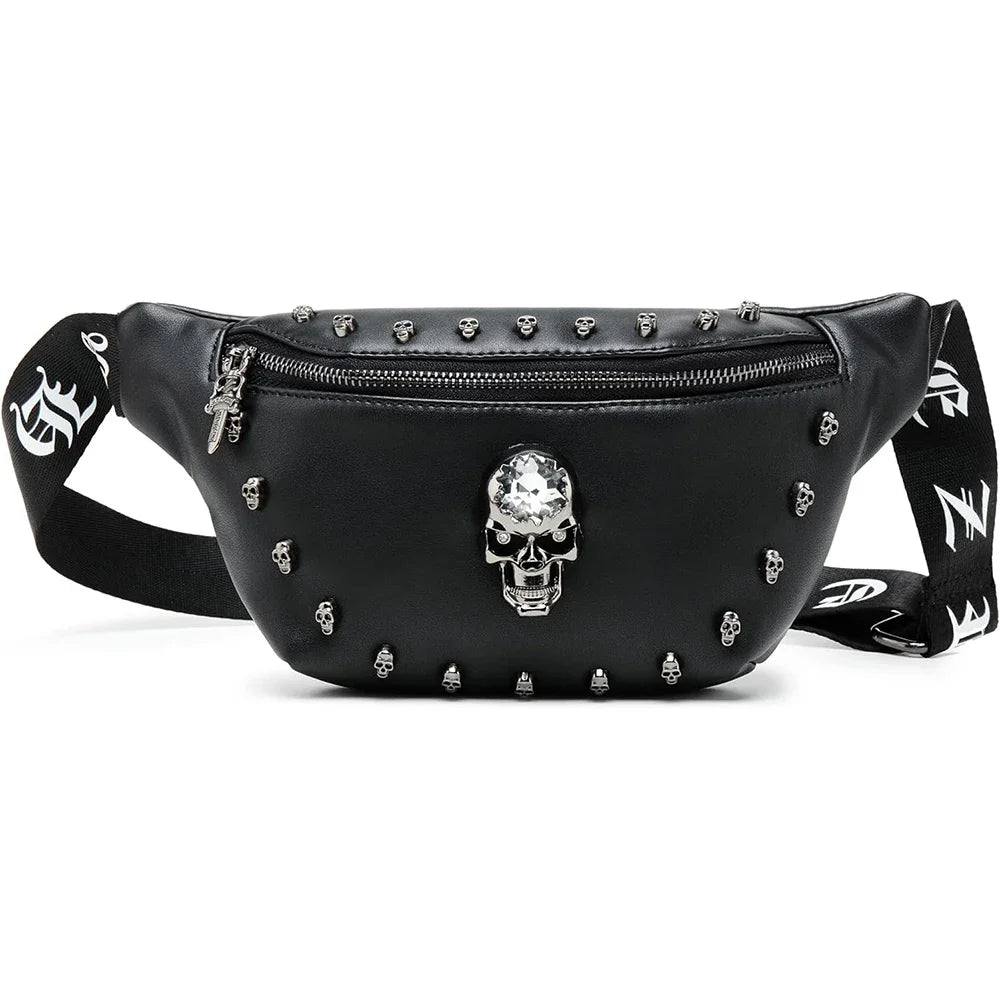 Damen Leder Bauchtasche mit Totenkopf-Design – Schwarze Fanny Pack & Crossbody Belt Bag für Festivals, Reisen & Outdoor