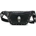 Damen Leder Bauchtasche mit Totenkopf-Design – Schwarze Fanny Pack & Crossbody Belt Bag für Festivals, Reisen & Outdoor