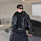 Veste en cuir PU pour hommes avec capuche - Veste surdimensionnée imperméable et épaisse avec poches à rabat, style de la mode coréenne pour les repas et les herbes