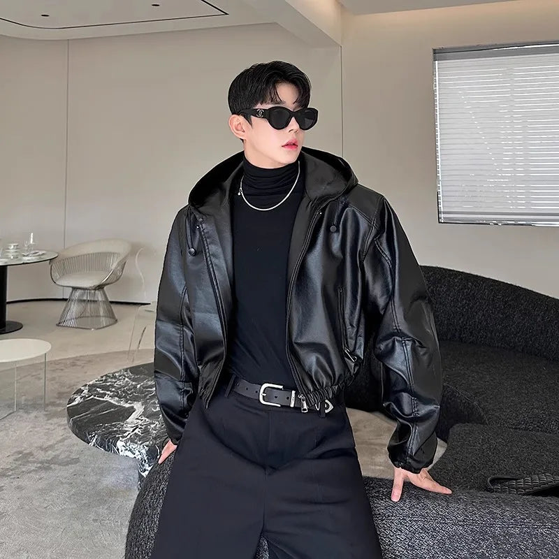 Herren PU-Lederjacke mit Kapuze – Kurze wasserdichte Oversized Jacke mit Reißverschluss, Korean Fashion Style für Frühling & Herbst