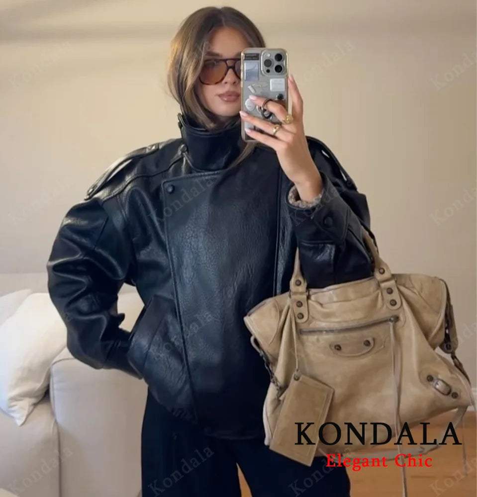 Damen PU Lederjacke mit Stehkragen – Pilot Jacke mit Reißverschluss, Streetwear Herbst Winter 2025