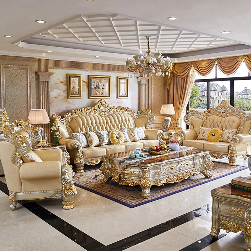 Elegantes Echtleder Sofa mit Massivholzrahmen – Luxuriöses Lounge Sofa im europäischen Stil für Wohnzimmer & Apartment