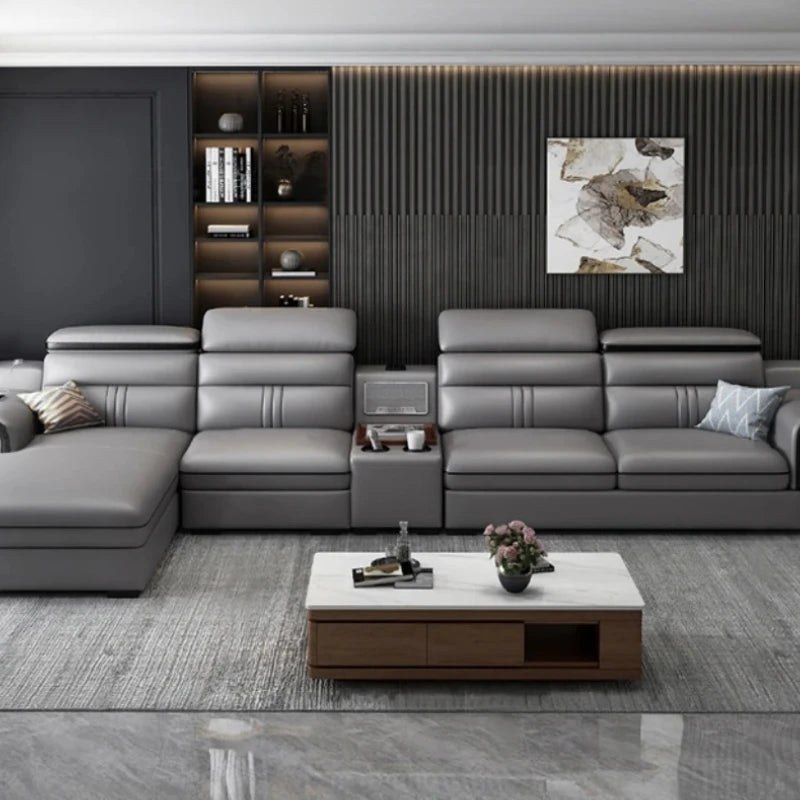 Smartes Leder-Ecksofa aus Rindsleder mit kabellosem Laden & Audio – Modernes Designer Sofa mit Massagefunktion und Stauraum