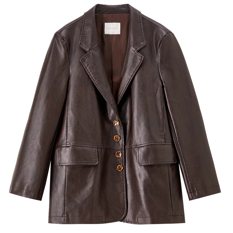 Sentubila Damen PU Lederjacke – Kaffee-Farbener Biker-Style Mantel mit Reverskragen, Lange Ärmel, Winddicht für Herbst & Winter