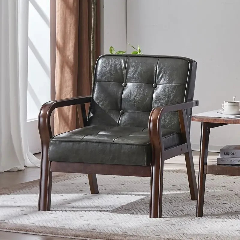 Nordischer Retro Holzstuhl mit Armlehnen – Minimalistischer Wohnzimmerstuhl aus Massivholz mit Lederbezug, Moderner Lounge- &amp; Sesselstuhl