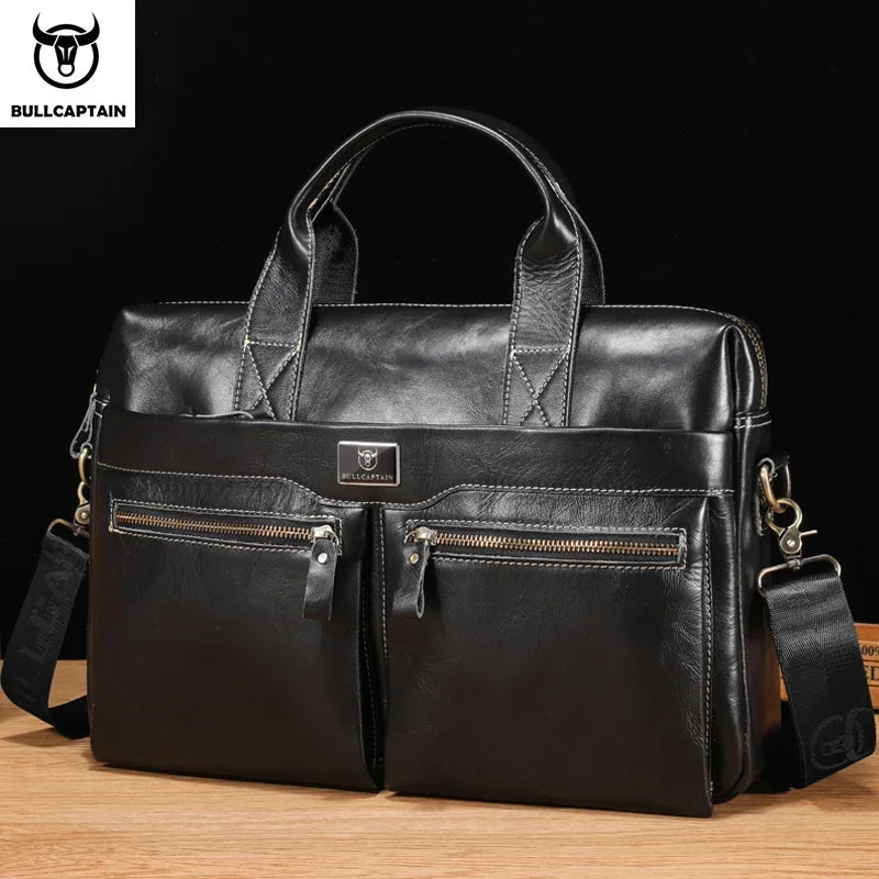 BULLCAPTAIN Herren Leder-Aktentasche - Maletín para portátil de 14 pulgadas para negocios, oficinas, escuelas y bolsos de mano 
